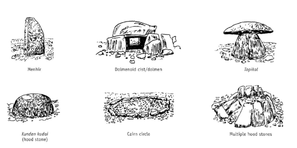 Megalith types: menhir, dolmenoid cist, topikal, kudai (hood stone), cairn circle and multiple hood stones