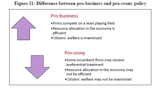 Figure 11: Difference between pm-business and pro-crony policy Pro-business •Firms compete on a level playing field •Resource allocation in the economy is efficient •Citizens' welfare is maximized Pro-crony •Some incumbent firms may receive preferential treatment •Resource allocation in the economy may not be efficient •Citizens' welfare may not be maximized